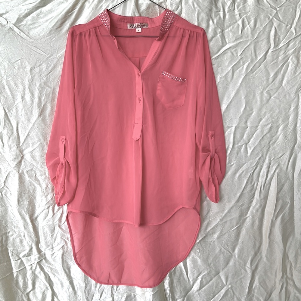 Pink sheer blouse with button up sleeves